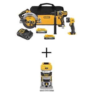 20V MAX Lithium-Ion Cordless 3-Tool Combo Kit and Brushless Fixed Base Compact Router with 5Ah Battery and 1.7Ah Battery