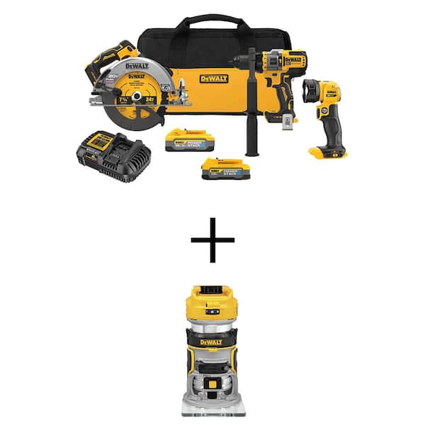 DEWALT 20V MAX Lithium-Ion Cordless 3-Tool Combo Kit and Brushless Fixed Base Compact Router with 5Ah Battery and 1.7Ah Battery