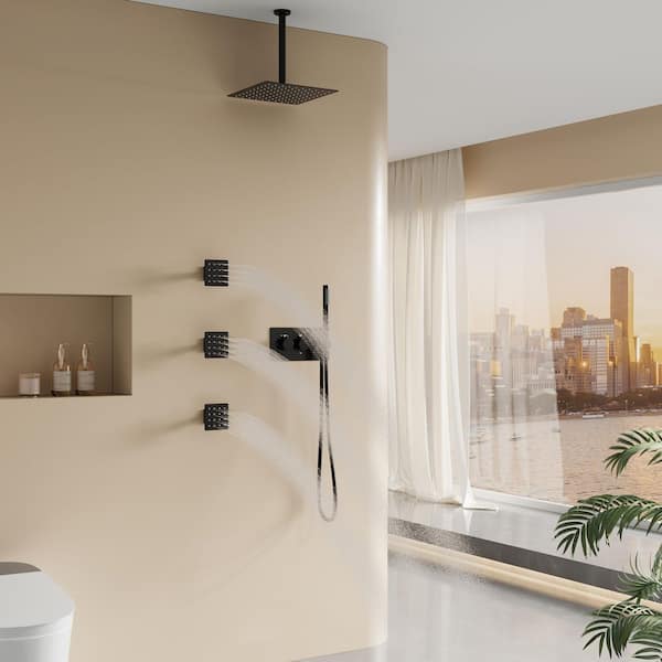 3-Spray 12 in. Ceiling Dual Fixed and Handheld Shower Head with Body Jets in Matte Black, Thermostatic Mixing Valve
