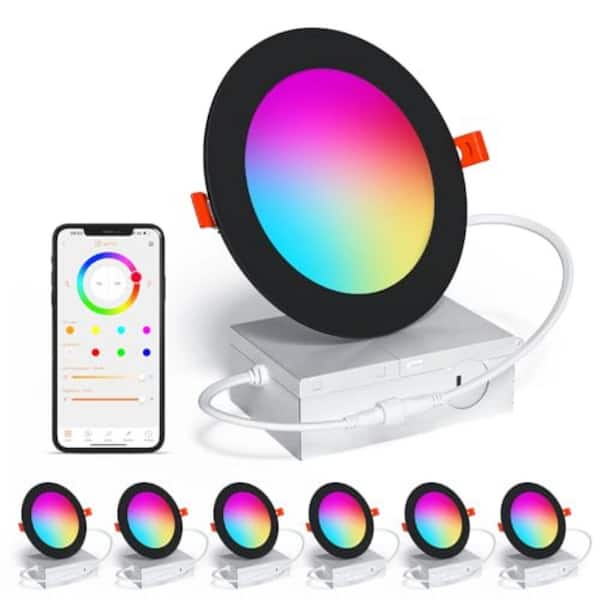 6 in. Canless Integrated LED Recessed Light Trim Black Smart RGBCW Color Changing 16W Dimmable Downlight, 6-Pack