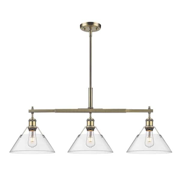 Golden Lighting Orwell 100-Watt 3-Light Aged Brass and Clear Glass Linear Pendant Light