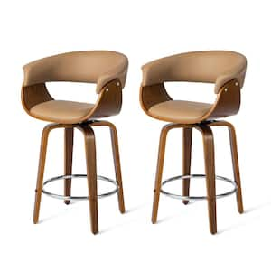 34.75 in. H Mid-century Modern Brown Leatherette Swivel Counter Stool with Walnut Bentwood Frame (Set of 2)