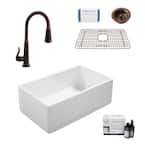 Ward All-in-One Farmhouse Fireclay 33 in. Single Bowl Kitchen Sink with Pfister Bronze Faucet and Strainer