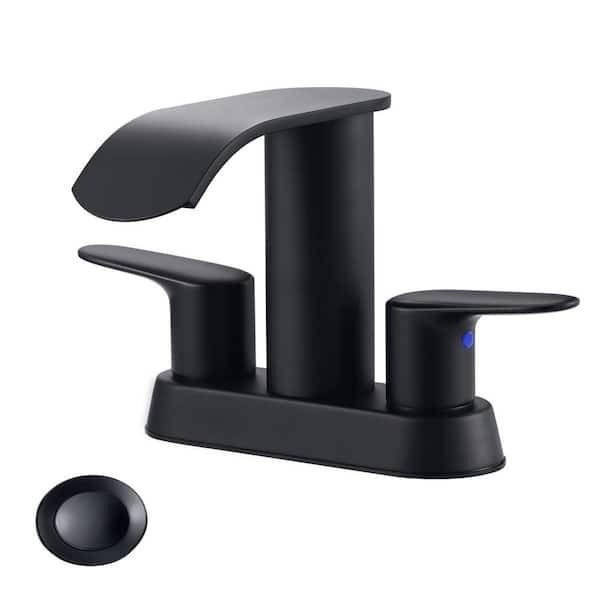WOWOW 4 in. Centerset 2-Handle Mid Arc Bathroom Waterfall Faucet with Drain Kit Included in Stainless Steel Matte Black