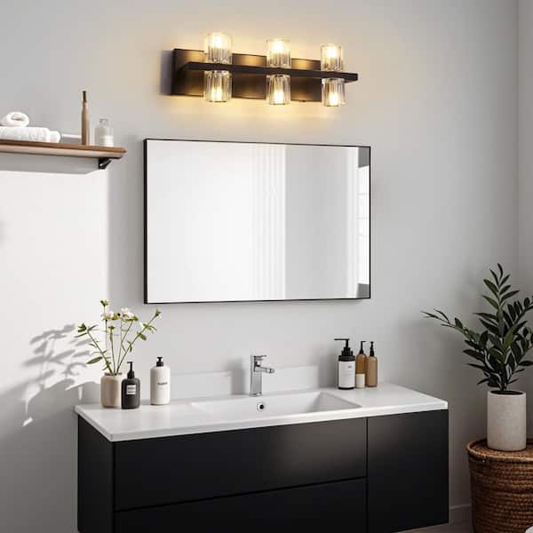 19.69 in. 6-Light Black Double-head Vanity Light with Crystal Glass Shade for Living Room Bathroom Hallway Stairs