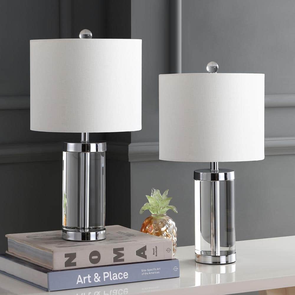Laurie Clear Crystal Cylinder Table Lamp Set with White Cotton Shade