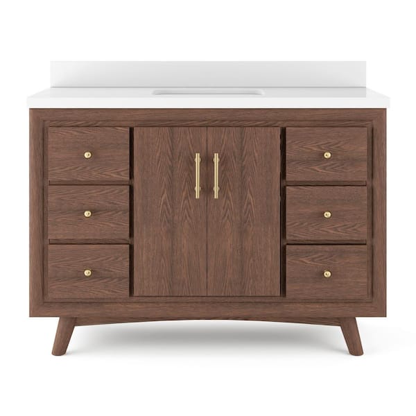 Thomasville Preston 48 in. W x 20 in. D x 34.5 H Bath Vanity in Brown Oak with Quartz Stone Vanity Top in White with White Basin