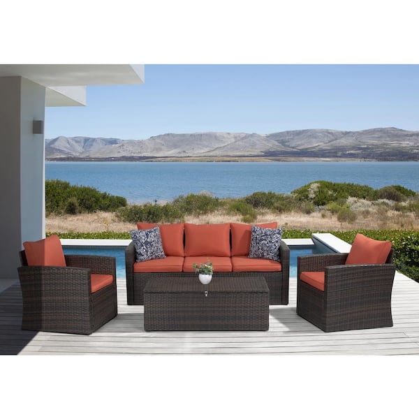 EDYO LIVING 4-Piece Wicker Patio Conversation Set with Orange Cushions