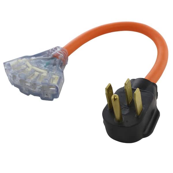 AC WORKS 1.5 ft. 50 Amp 4-Prong RV/ Range 14-50P Plug to (3) NEMA 6-15/20 Tri-Outlet with Power Indicator