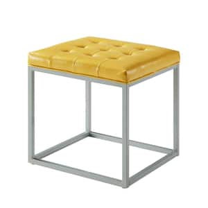 Lucas Yellow PU Leather Button Tufted Metal Frame Cube Ottoman