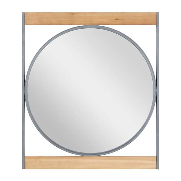 Litton Lane 34 in. x 30 in. Square Framed Brown Wall Mirror with Wood Accents