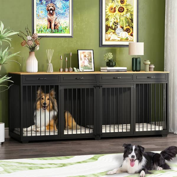 XXXL for 2 Large Dogs, Super Large Dog Cage, Indoor Wooden Dog Pens House Kennel with 4 Drawers and Divider, Black