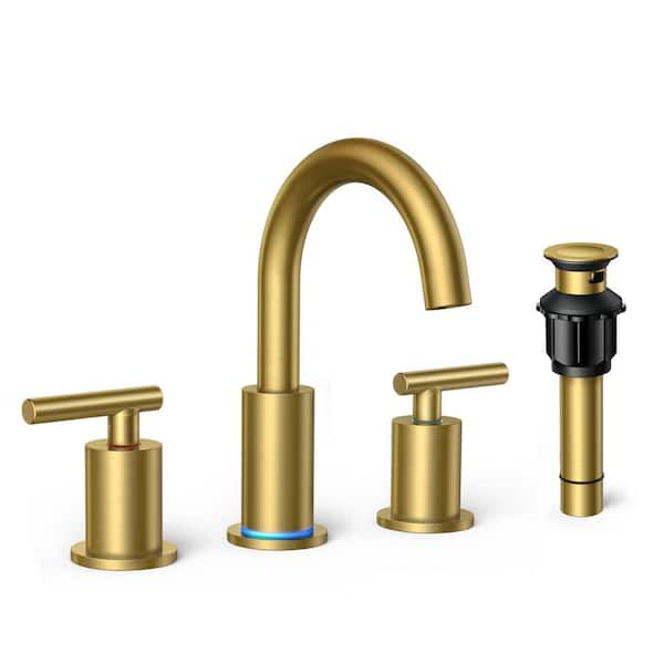 FURUISI 8 in. Widespread Double Handle Bathroom Faucet with LED light in Gold