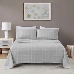 Oversized Cotton Flannel 4-Piece Grey Windowpane King Sheet Set