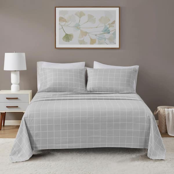 Beautyrest Oversized Cotton Flannel 4-Piece Grey Windowpane California King Sheet Set