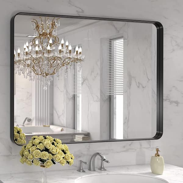TOOLKISS 40 in. W x 32 in. H Rectangular Aluminum Framed Wall Bathroom Vanity Mirror in Black