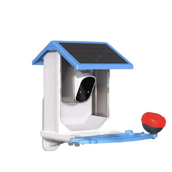 Justincity Blue Plastic Camera and Solar-Powered WiFi Caged Feeder 5. 5 lbs. Capacity, Smart Bird Feeder w/ 4MP AI Live Camera
