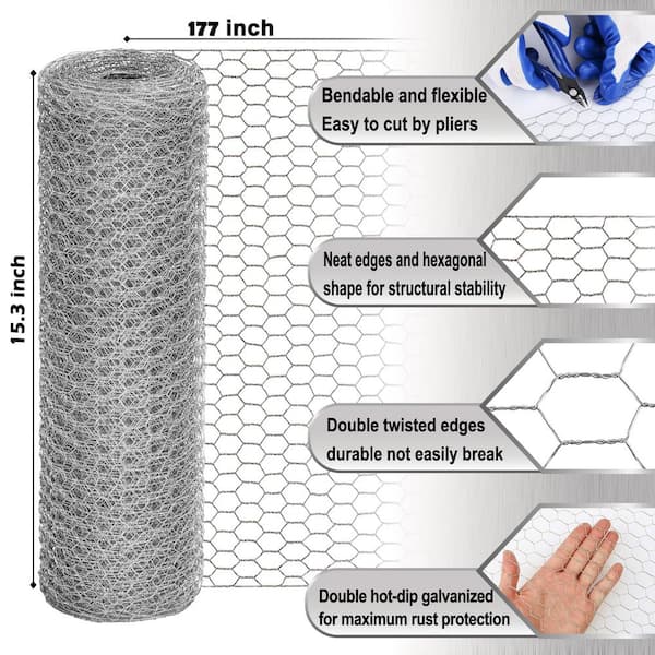 Angel Sar 15.3 in. x 14.7 ft. Chicken Wire Fencing Mesh, 0.6 in. Hexagonal Galvanized Hardware Cloth for Coop Barrier Rabbit Cage