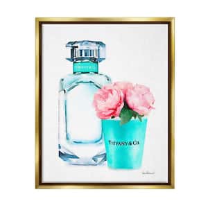Teal Blue Perfume Bottle and Pink Peonies by Amanda Greenwood Floater Frame Nature Wall Art Print 25 in. x 31 in.