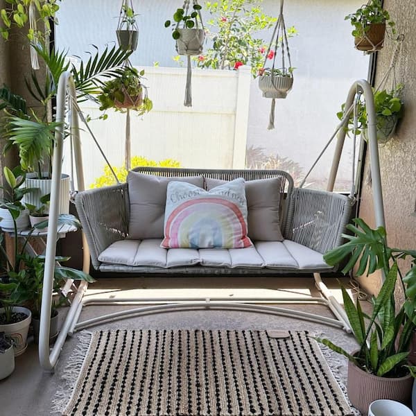 PURPLE LEAF 2-Seat Cloud Swing Chair with Stand Wicker Loveseat Outdoor ...