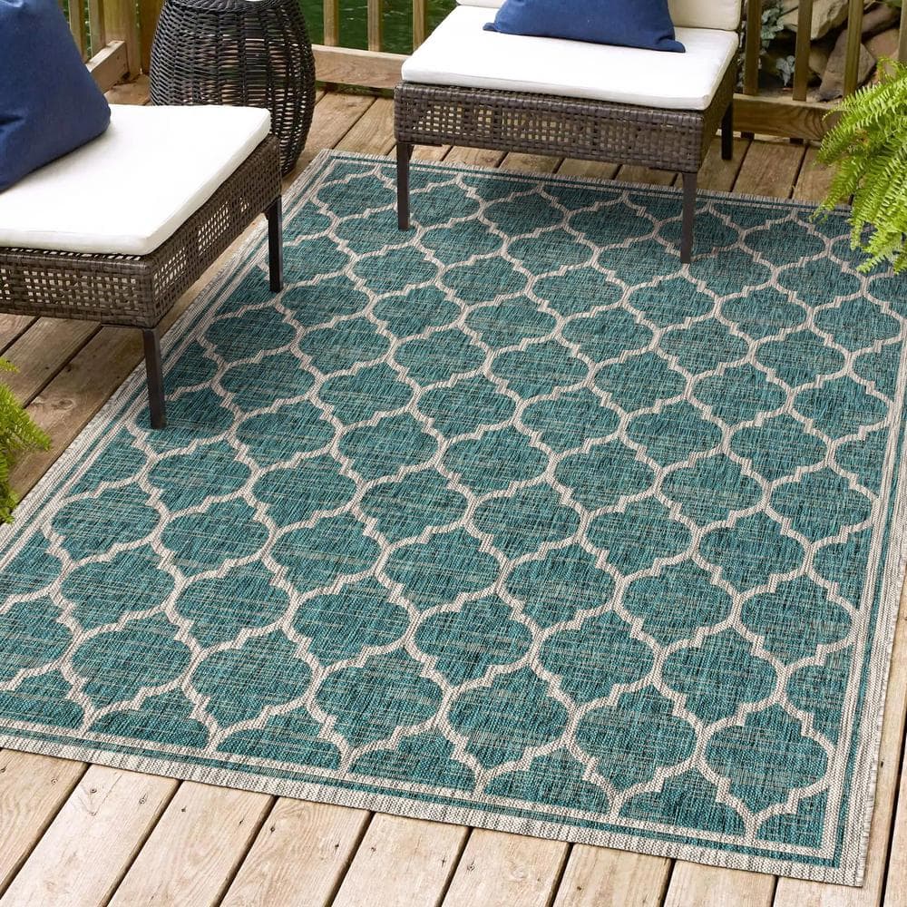 Gray and Teal Synthetic Trellis 4' x 6' Reversible Rug
