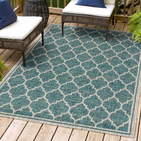 JONATHAN Y Trebol Moroccan Trellis Teal/Gray 5 ft. 3 in. x 7 ft. 7 in. Textured Weave Indoor/Outdoor Area Rug