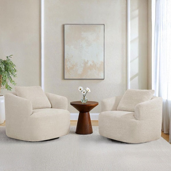 Light Champagne Chenille Upholstered 360° Swivel Accent Arm Chair Metal Base U-Shaped Swivel Barrel Chair (Set of 2)