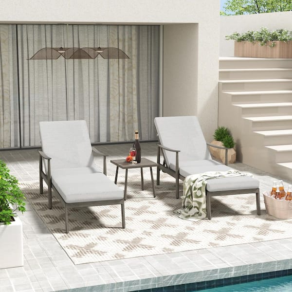 EGEIROSLIFE 3-Piece Aluminum Outdoor Patio Chaise Lounge with Side Table and Gray Cushions