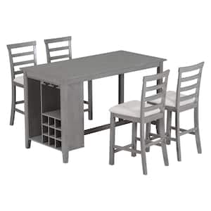Gray 5-Piece Rubber Wood Counter Height Outdoor Dining Set with Gray Padded Cushion