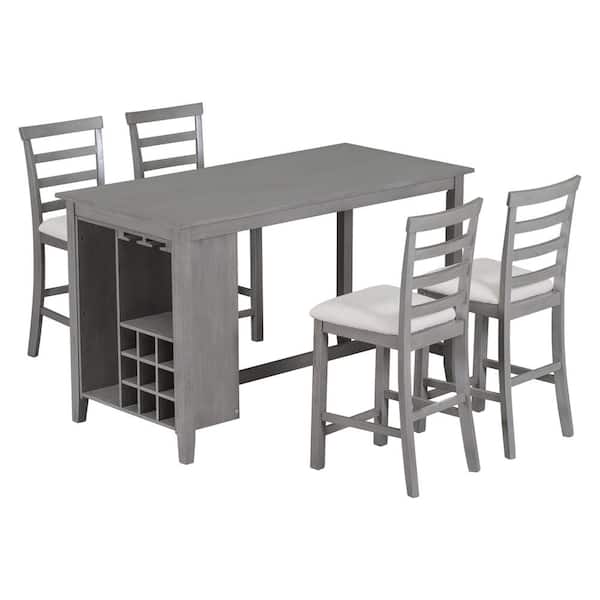 Sudzendf Gray 5-Piece Rubber Wood Counter Height Outdoor Dining Set with Gray Padded Cushion