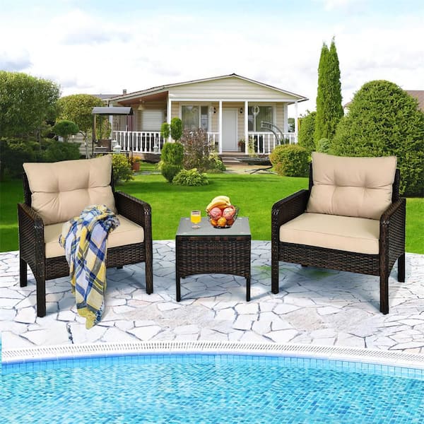 3 Piece Patio PE Wicker Furniture Set with Cushions and Tempered Glass Coffee Table Brown