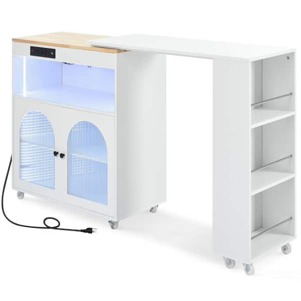 White Wood 56.3 in. Rolling Kitchen Island with Extended Table, 2 Fluted Glass Doors and LED Light