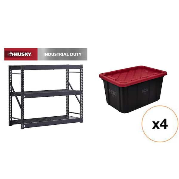 65 in. W 3-Shelf Black Metal Shelving Unit, 27 Gal. Black and Red Storage Tote (4-Count) Combo