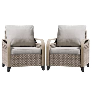 Brown Wicker Outdoor Lounge Chair Patio Dining Chair with Gray Cushions (2-Pack)