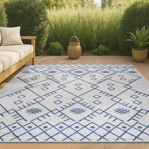 Boho Moroccan Ivory/Navy 8 ft. x 10 ft. Indoor/Outdoor Area Rug