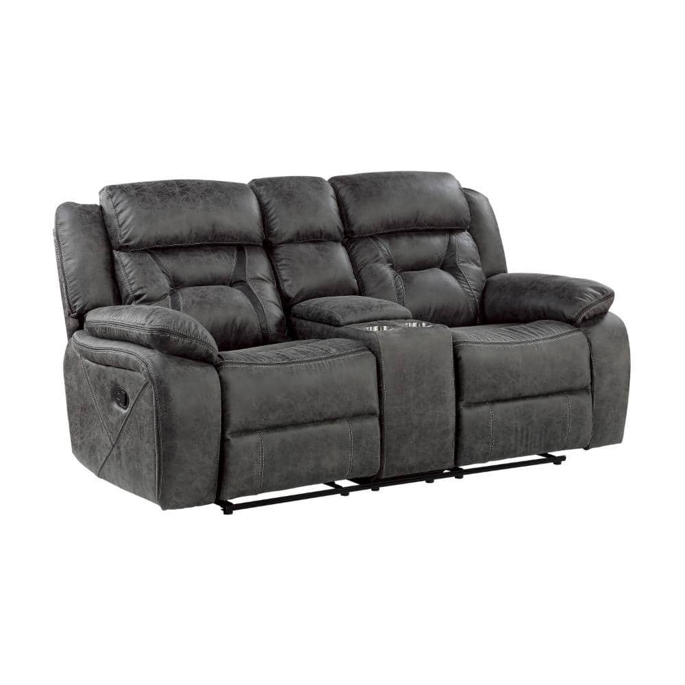 Gray Microfiber Tufted Reclining Loveseat with Cup Holder