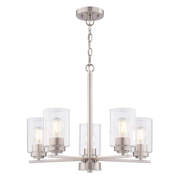 Park Ridge 5-Light Satin Nickel Chandelier, Clear Glass Shade, Pendant Fixture for Dining Room Kitchen Entryway Island