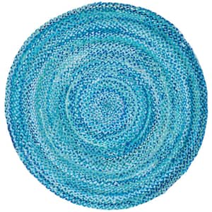 Braided Turquoise 4 ft. x 4 ft. Round Striped Solid Area Rug
