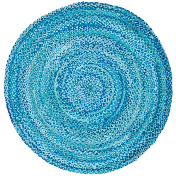 SAFAVIEH Braided Turquoise 4 ft. x 4 ft. Round Striped Solid Area Rug