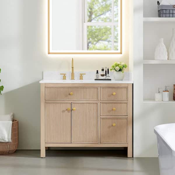 Cerrito 42 in. Single Freestanding Natural Oak Bath Vanity with Grain White Engineered Stone Top Assembled
