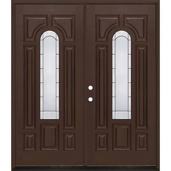 Regency 72 in. x 80 in. Center Lite Empire Deco Glass RHIS Hickory Fiberglass Double Prehung Front Door with 6-9/16 Jamb