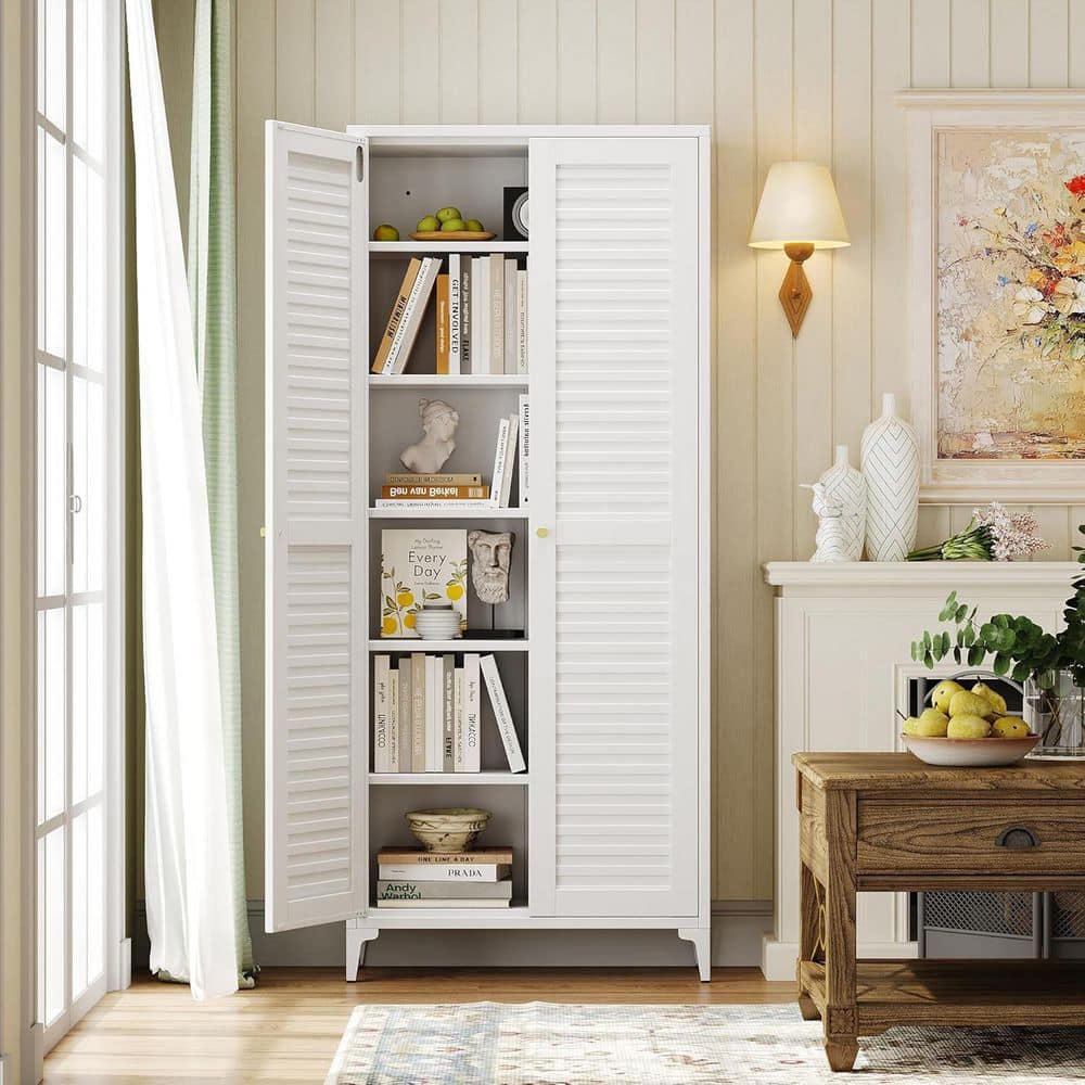 White 74.2 in. H Metal Storage Cabinet Kitchen Pantry Storage Cabinet with Adjustable Shelves