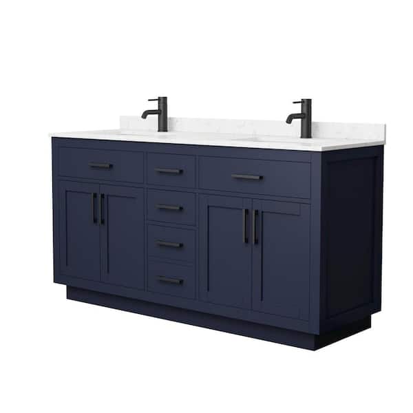 Wyndham Collection Beckett TK 66 in. W x 22 in. D x 35 in. H Double Bath Vanity in Dark Blue with Carrara Cultured Marble Top