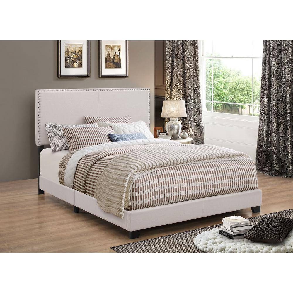 Ivory King Upholstered Wood Frame Bed with Nailhead Trim