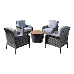 Denali Gray 5-Piece Wicker Outdoor Patio Conversation Chair Set with a Wood-Burning Fire Pit and Light Gray Cushions
