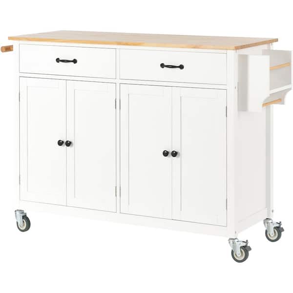grossag White Wood 54.3 in. Kitchen Island 4-Door Cabinet and 2-Drawers, Spice Rack, Towel Rack, Locking Wheels