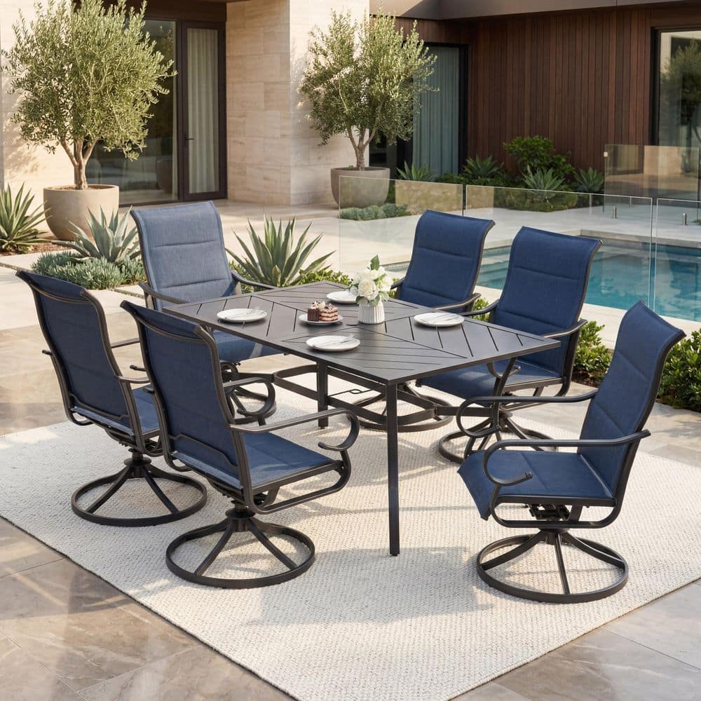 Black 7-Piece Padded Textilene Rectangular Outdoor Dining Set with Umbrella Hole and High Backrest, Swivel Design price history on PriceWatchPro