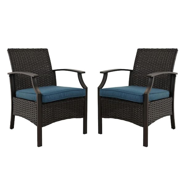 Clihome Rattan Outdoor Dining Chairs Patio Wicker Chairs with Blue Cushion and Metal Armrest and Leg (2-Pack)
