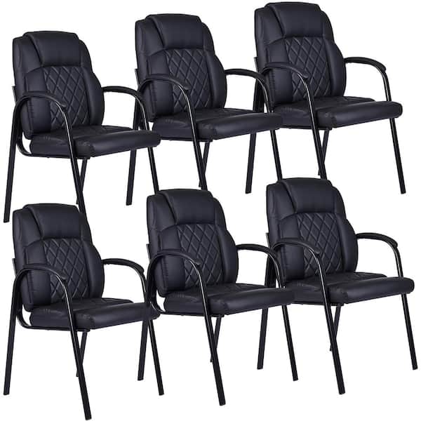 Faux Leather Office Guest Chairs, Upholstered Ergonomic Stationary Side Chairs in Black with Padded Arms (Set of 6)