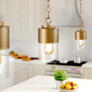 Mid-Century Cylinder Kitchen Island Hanging Pendant Light 1-Light Brass Gold Modern Pendant Light with Clear Glass Shade